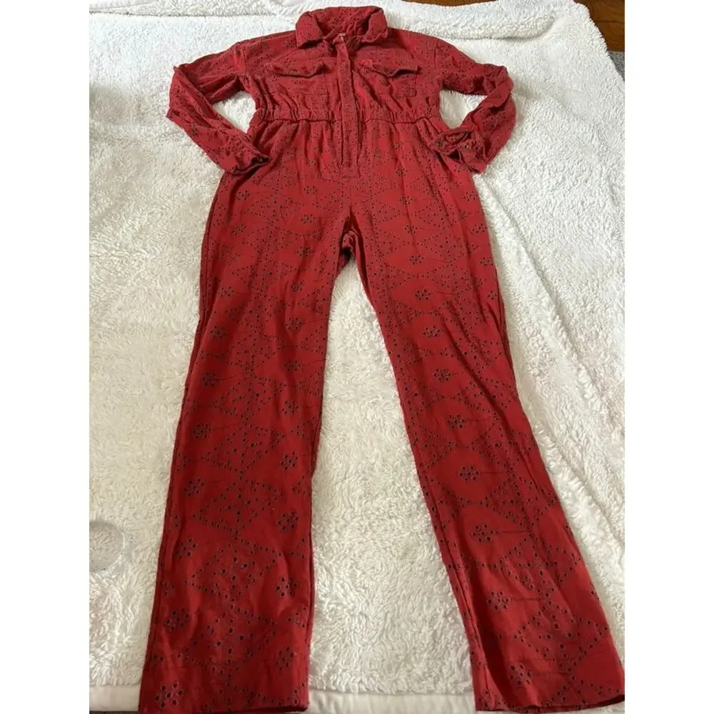 Free People Womens Collared Orange Jumpsuit Sz 0 Boho Utility Core Indie Casual - Picture 3 of 8